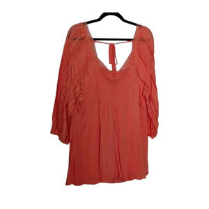 Torrid Women's Top Lined Clip Dot Smocked Back Gauze Peplum 3/4 Sleeve coral 2X